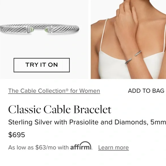 David Yurman Cable Bracelet
Sterling Silver, Prasiolite, Diamonds, 5mm - Picture 2 of 5